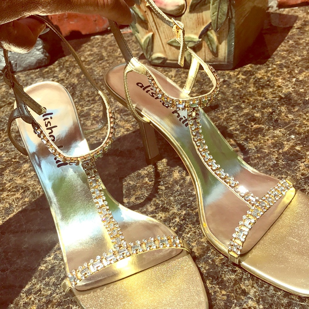 Strappy 3” gold sandals with bling
